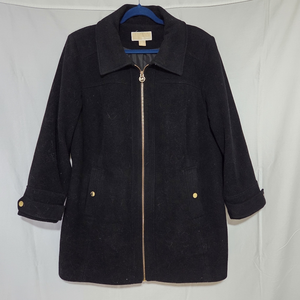 Michael Kors Wool Pea Coat Style Black Full Zip Jacket With Gold Accents Sz 1X
